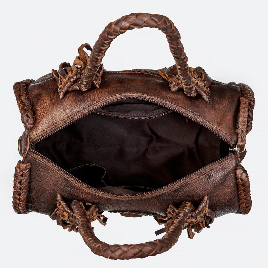 American Darling Speedy Bag Western Genuine Leather Handcrafted Purse with Fringes, Braided Handles and Turquoise Stone