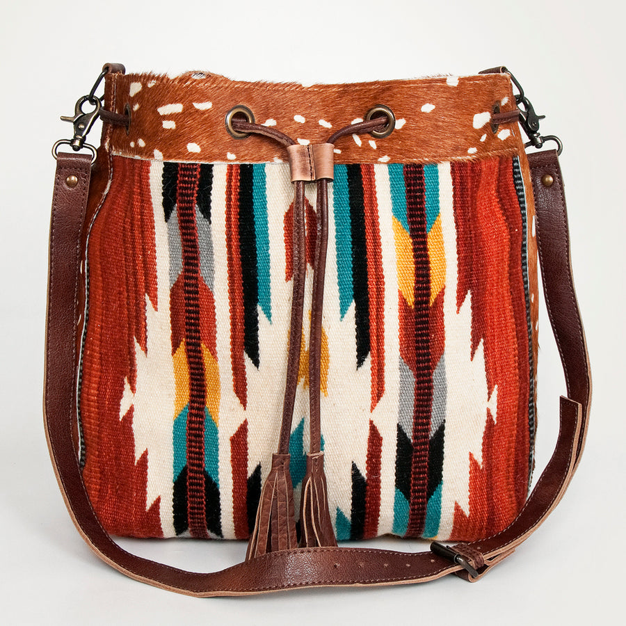 American Darling Bucket Bag Hand Woven Saddle Blanket Hair-On Cowhide Genuine Leather Western Purse with YKK Zipper