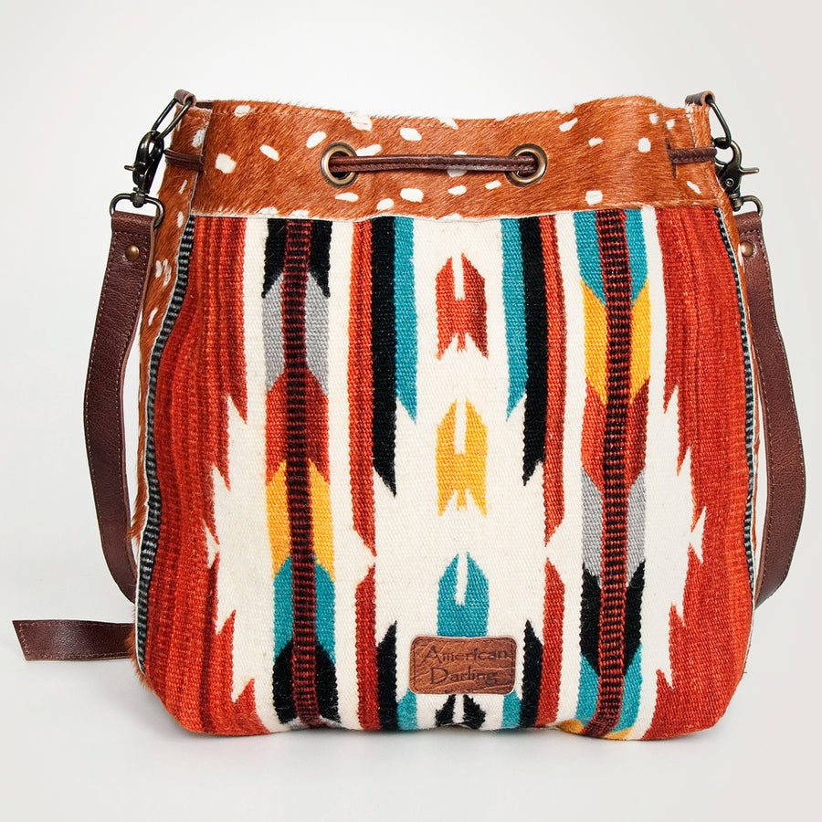 American Darling Bucket Bag Hand Woven Saddle Blanket Hair-On Cowhide Genuine Leather Western Purse with YKK Zipper