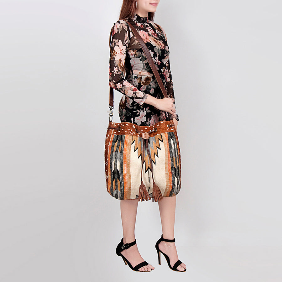 American Darling Bucket Bag Hand Woven Saddle Blanket Hair-On Cowhide Genuine Leather Western Purse with YKK Zipper