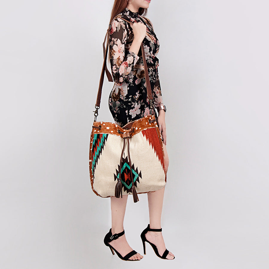 American Darling Bucket Bag Hand Woven Saddle Blanket Hair-On Cowhide Genuine Leather Western Purse with YKK Zipper