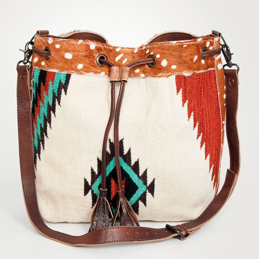 American Darling Bucket Bag Hand Woven Saddle Blanket Hair-On Cowhide Genuine Leather Western Purse with YKK Zipper