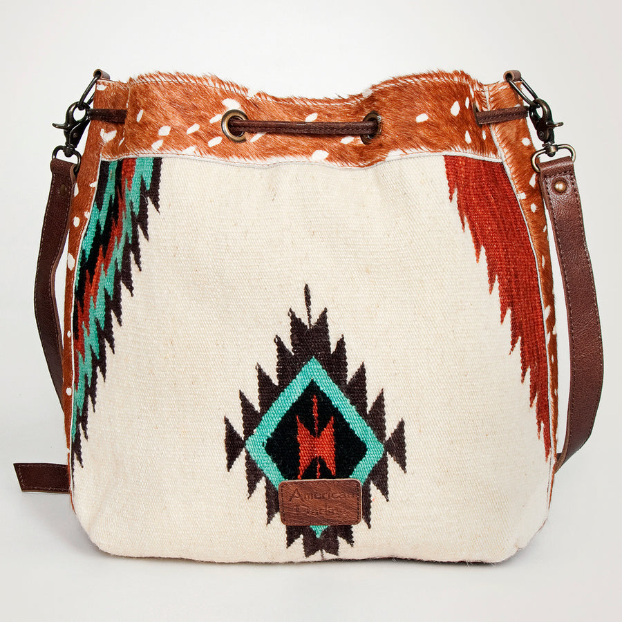 American Darling Bucket Bag Hand Woven Saddle Blanket Hair-On Cowhide Genuine Leather Western Purse with YKK Zipper