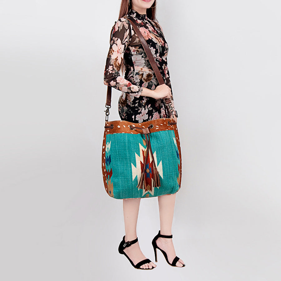 American Darling Bucket Bag Hand Woven Saddle Blanket Hair-On Cowhide Genuine Leather Western Purse with YKK Zipper