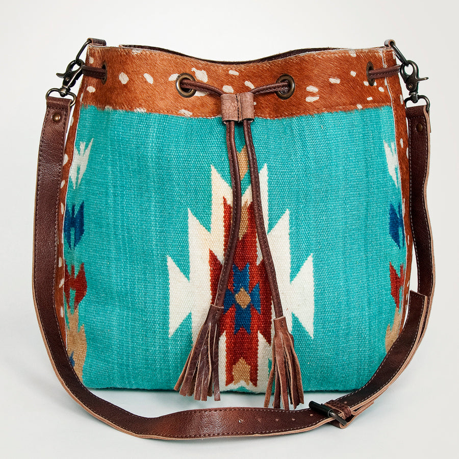 American Darling Bucket Bag Hand Woven Saddle Blanket Hair-On Cowhide Genuine Leather Western Purse with YKK Zipper