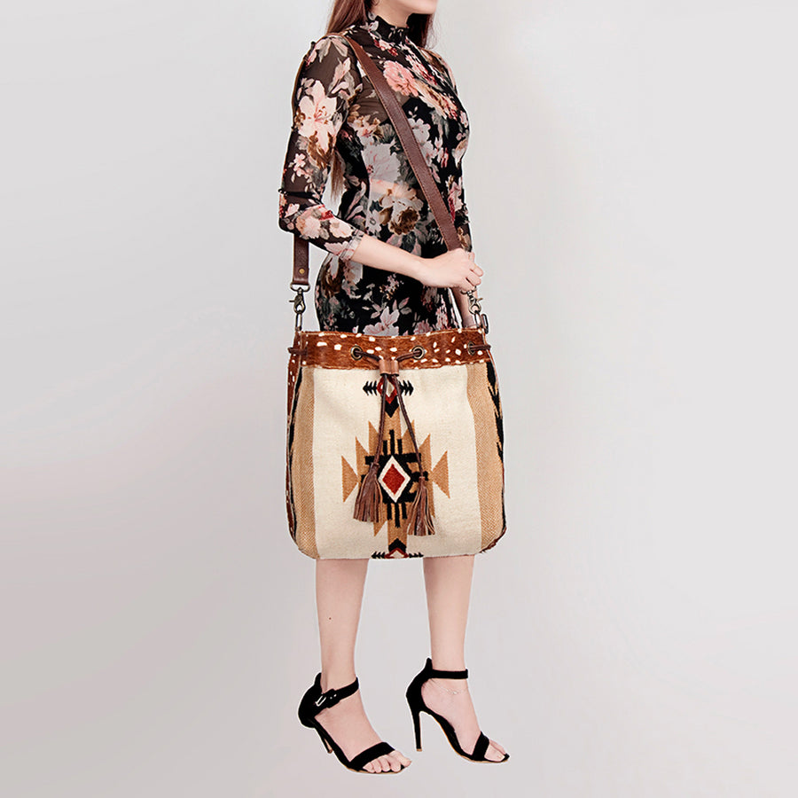 American Darling Bucket Bag Hand Woven Saddle Blanket Hair-On Cowhide Genuine Leather Western Purse with YKK Zipper