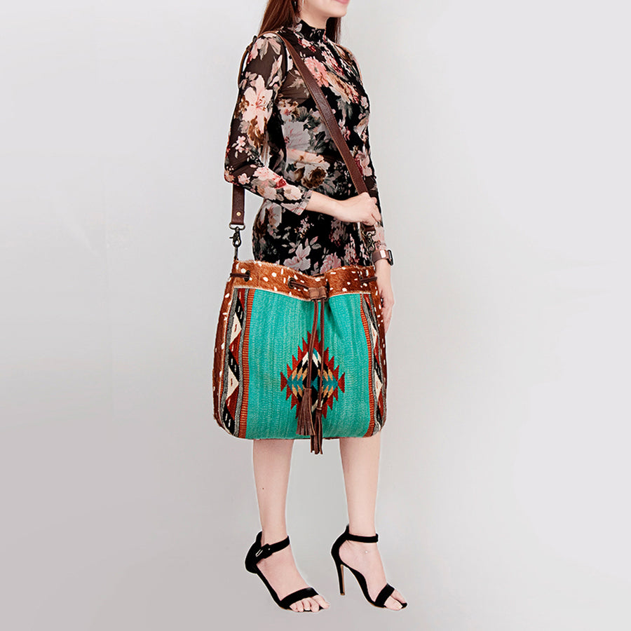 American Darling Bucket Bag Hand Woven Saddle Blanket Hair-On Cowhide Genuine Leather Western Purse with YKK Zipper