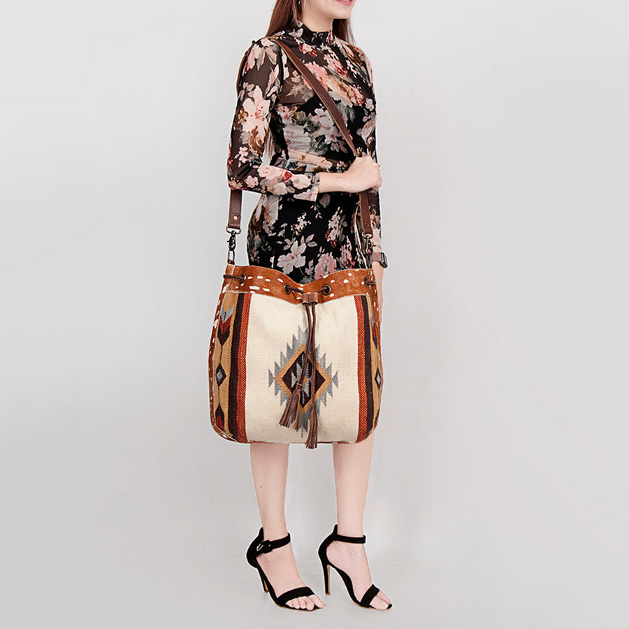 American Darling Bucket Bag Hand Woven Saddle Blanket Hair-On Cowhide Genuine Leather Western Purse with YKK Zipper
