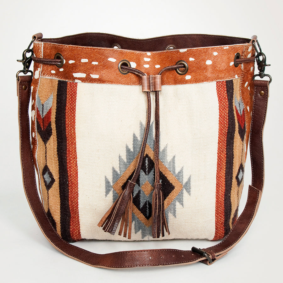 American Darling Bucket Bag Hand Woven Saddle Blanket Hair-On Cowhide Genuine Leather Western Purse with YKK Zipper