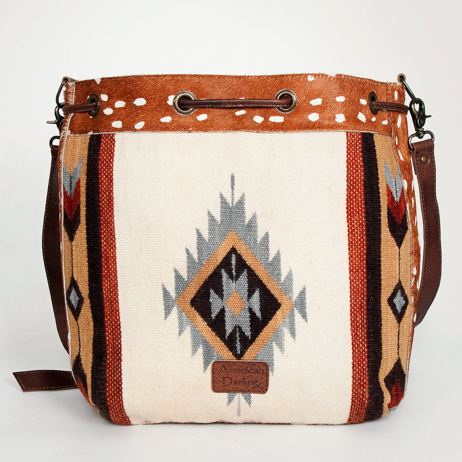 American Darling Bucket Bag Hand Woven Saddle Blanket Hair-On Cowhide Genuine Leather Western Purse with YKK Zipper
