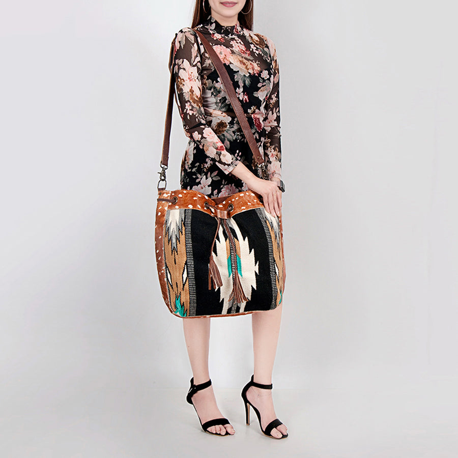 American Darling Bucket Bag Hand Woven Saddle Blanket Hair-On Cowhide Genuine Leather Western Purse with YKK Zipper