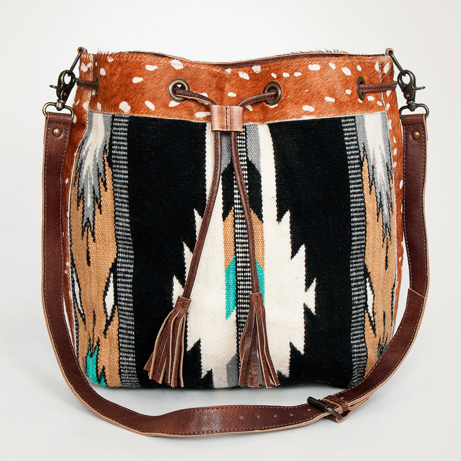 American Darling Bucket Bag Hand Woven Saddle Blanket Hair-On Cowhide Genuine Leather Western Purse with YKK Zipper