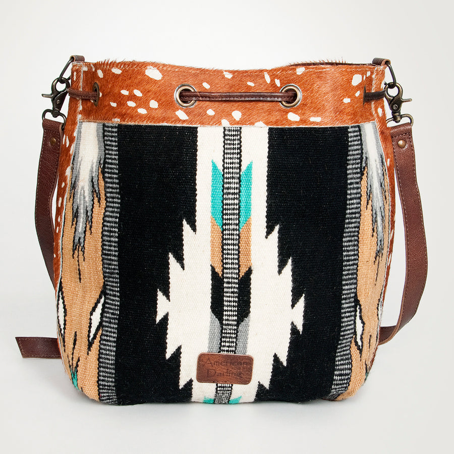 American Darling Bucket Bag Hand Woven Saddle Blanket Hair-On Cowhide Genuine Leather Western Purse with YKK Zipper