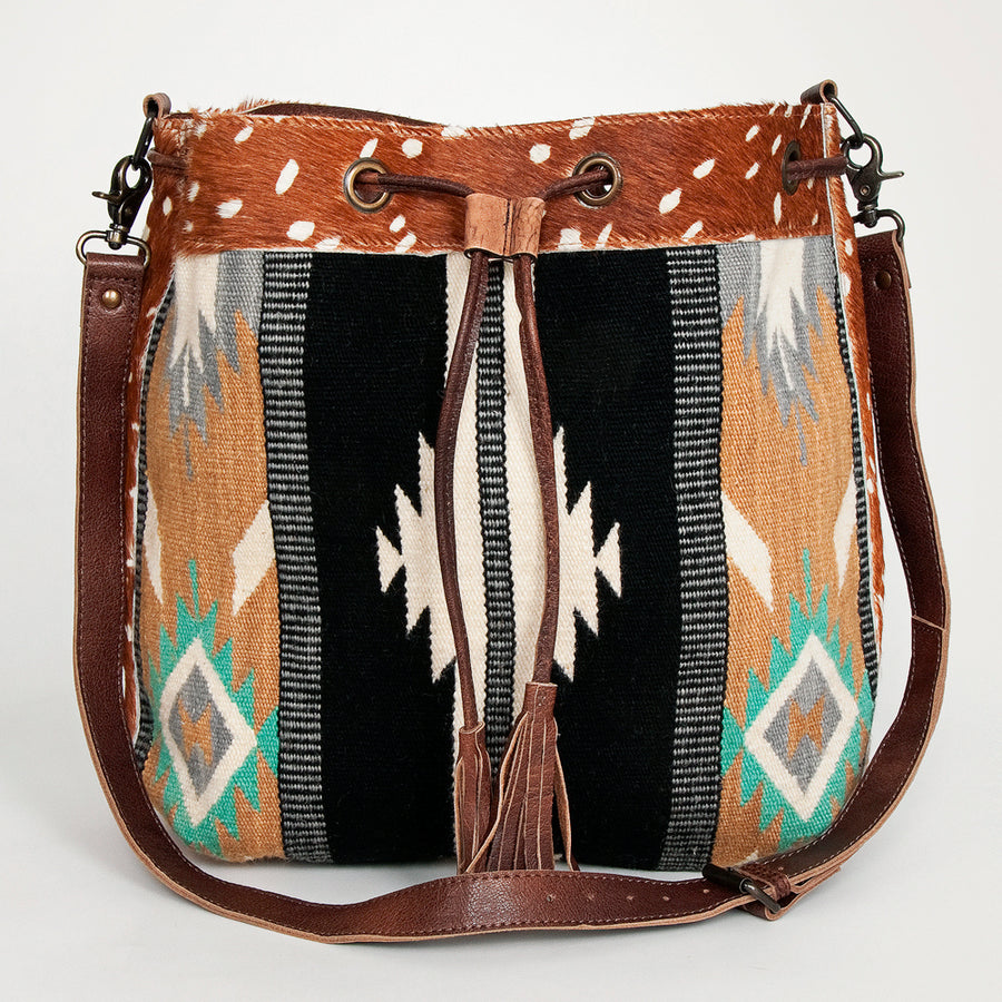American Darling Bucket Bag Hand Woven Saddle Blanket Hair-On Cowhide Genuine Leather Western Purse with YKK Zipper