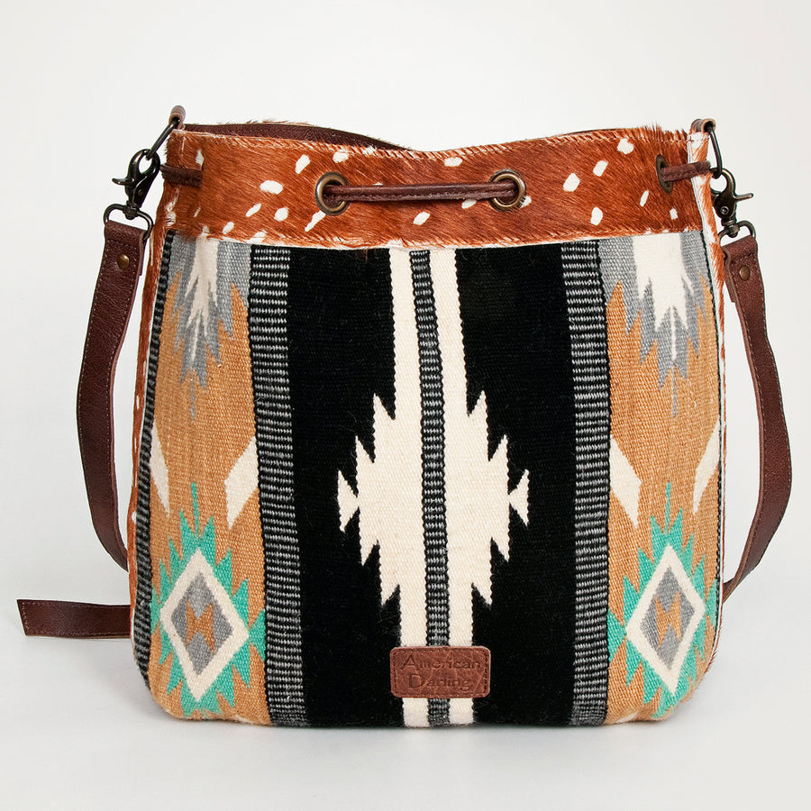 American Darling Bucket Bag Hand Woven Saddle Blanket Hair-On Cowhide Genuine Leather Western Purse with YKK Zipper