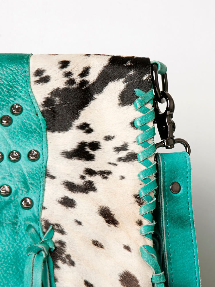 American Darling Messenger Bag Western Hair-On Cowhide Genuine Leather Handcrafted Purse with Fringes and Turquoise Stone