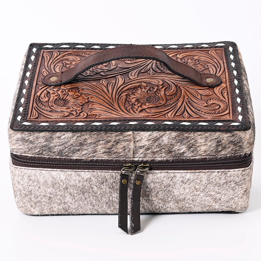 American Darling Jewelry Case for Women - Hand Tooled Floral Carved Leather, Hair-On Cowhide & Buck Stitched Organizer