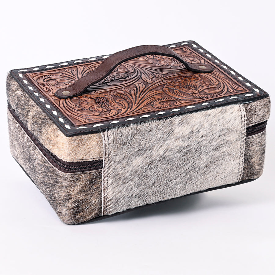 American Darling Jewelry Case for Women - Hand Tooled Floral Carved Leather, Hair-On Cowhide & Buck Stitched Organizer