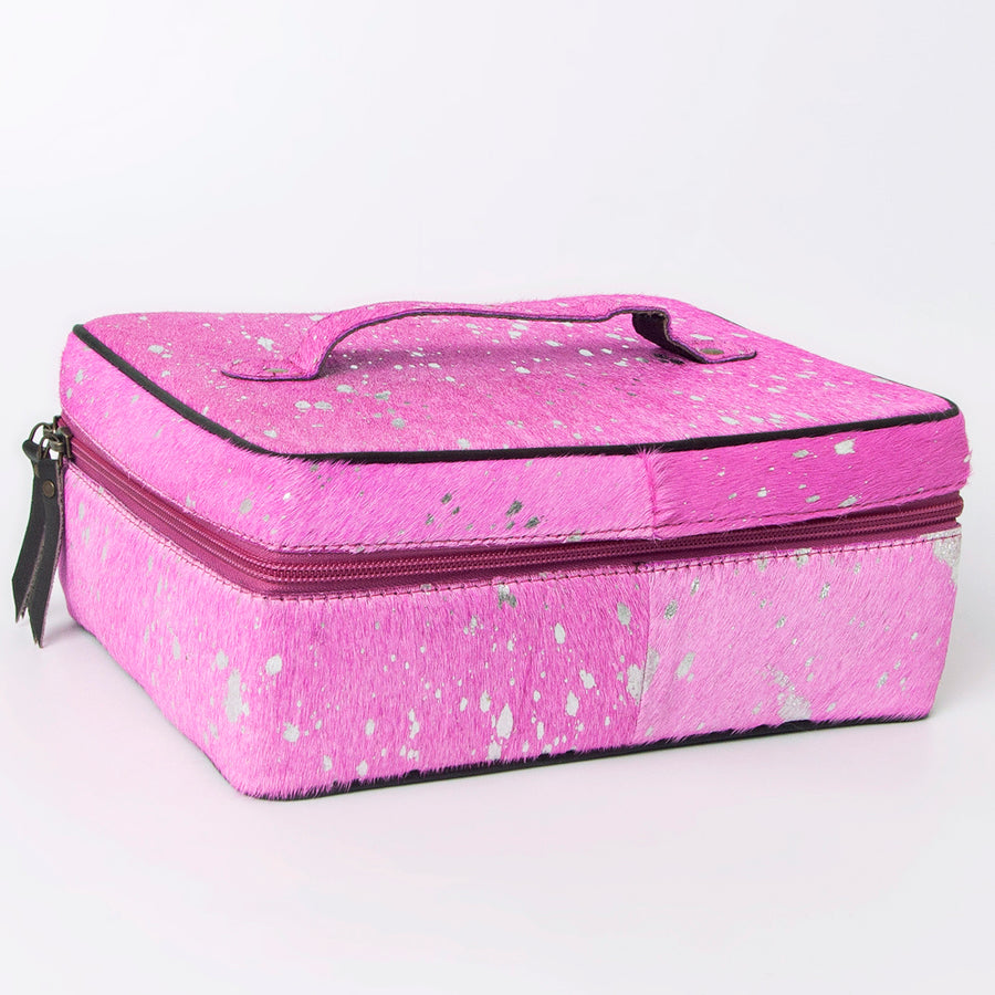 American Darling Pink Jewelry Case for Women - Hair-On Cowhide Eco-Friendly Genuine Leather Travel Organizer