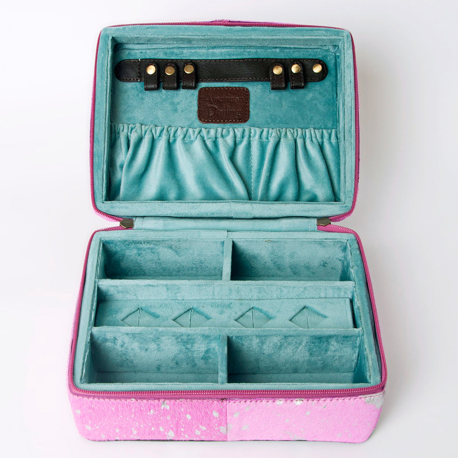 American Darling Pink Jewelry Case for Women - Hair-On Cowhide Eco-Friendly Genuine Leather Travel Organizer