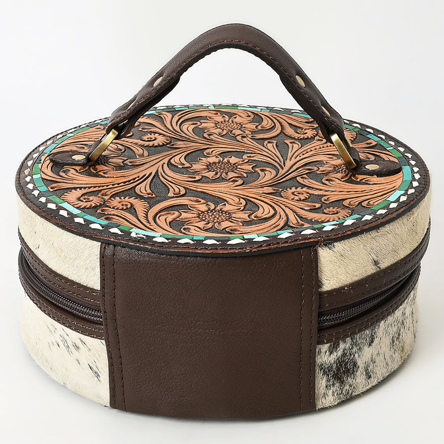 American Darling Jewelry Case for Women - Circular Hand Tooled Floral Carved Leather, Hair-On Cowhide & Buck Stitched Organizer