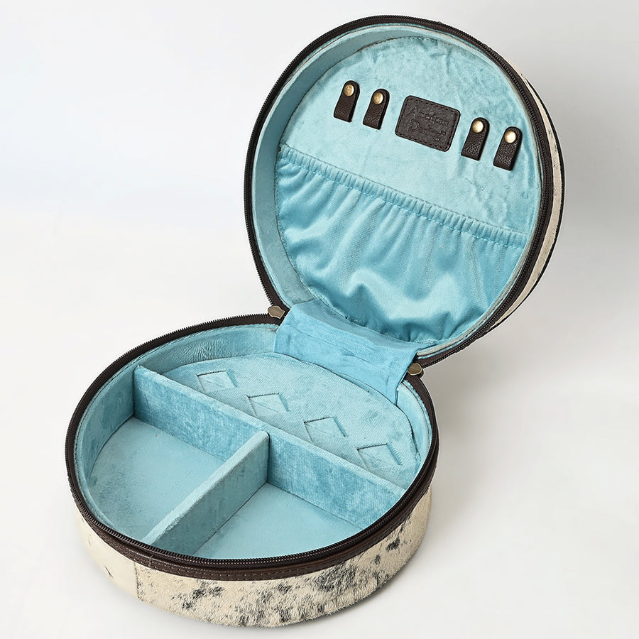 American Darling Jewelry Case for Women - Circular Hand Tooled Floral Carved Leather, Hair-On Cowhide & Buck Stitched Organizer