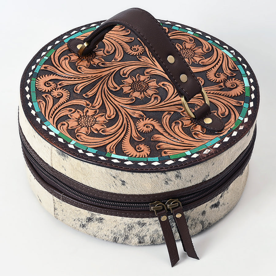 American Darling Circular Hand Tooled Leather and Cowhide Jewelry Case - Uhorse