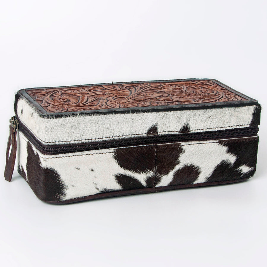 American Darling Jewelry Case for Women - Hair-On Cowhide, Hand Tooled Floral Carved Genuine Leather Travel Organizer