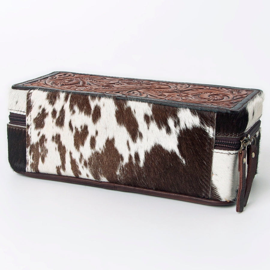 American Darling Jewelry Case for Women - Hair-On Cowhide, Hand Tooled Floral Carved Genuine Leather Travel Organizer