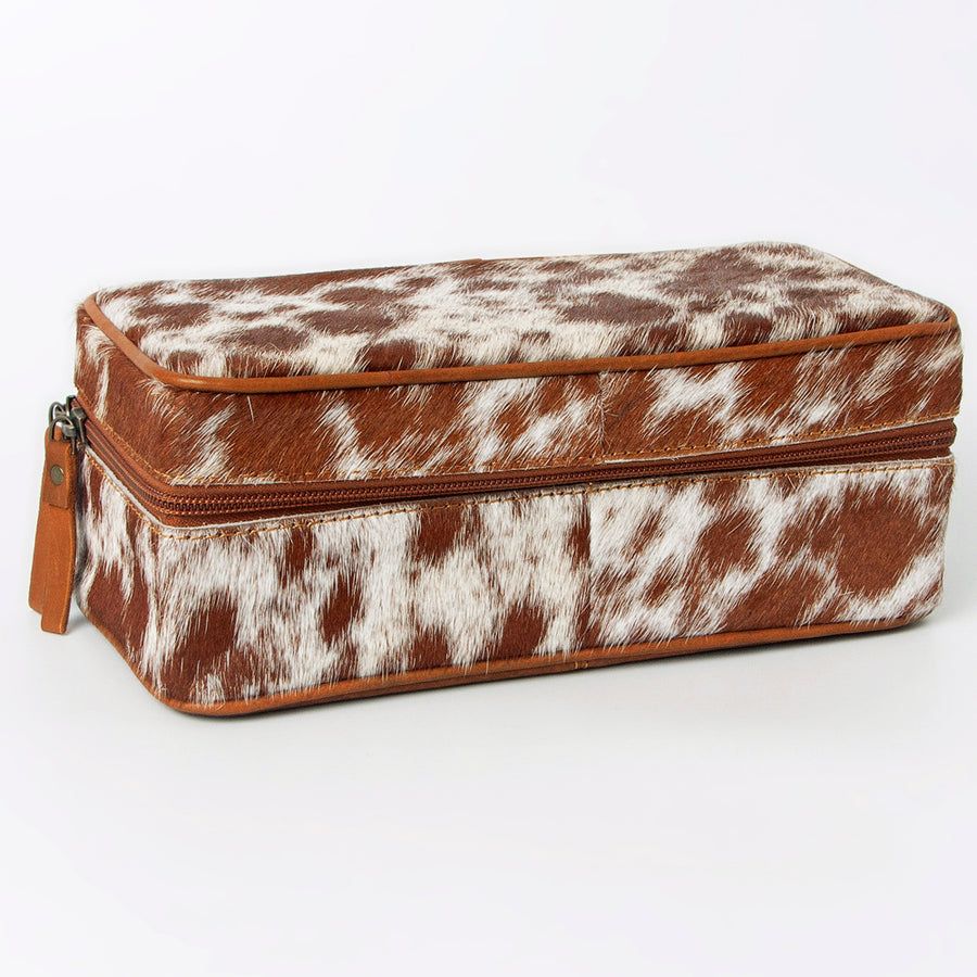 American Darling Jewelry Case for Women - Hair-On Cowhide, Hand Tooled Floral Carved Genuine Leather Travel Organizer