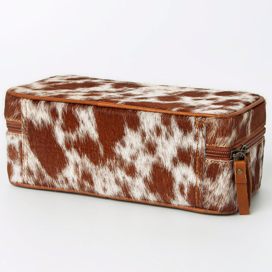 American Darling Jewelry Case for Women - Hair-On Cowhide, Hand Tooled Floral Carved Genuine Leather Travel Organizer
