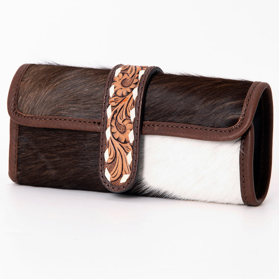 American Darling Hand Tooled Leather and Hair-On Cowhide Travel Jewelry Case - Uhorse