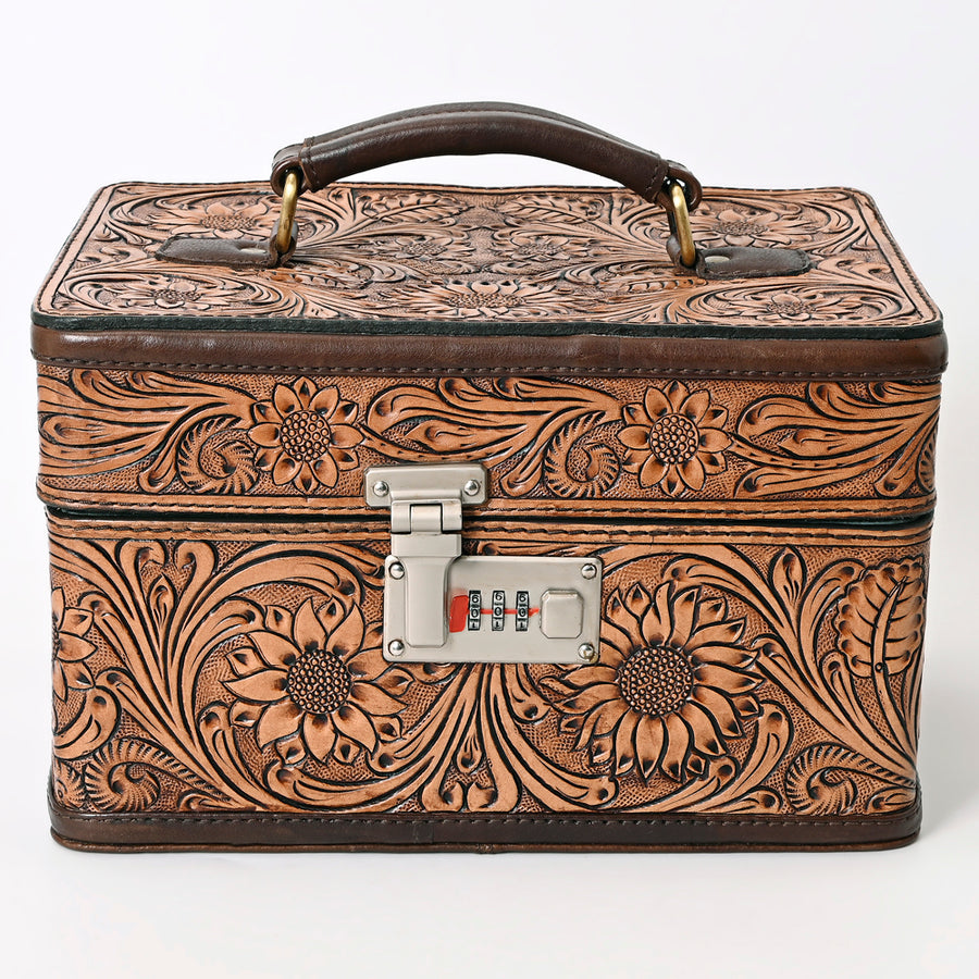 American Darling Jewelry Case for Women - Hand Tooled Floral Carved Genuine Leather Travel Organizer with Top Handle