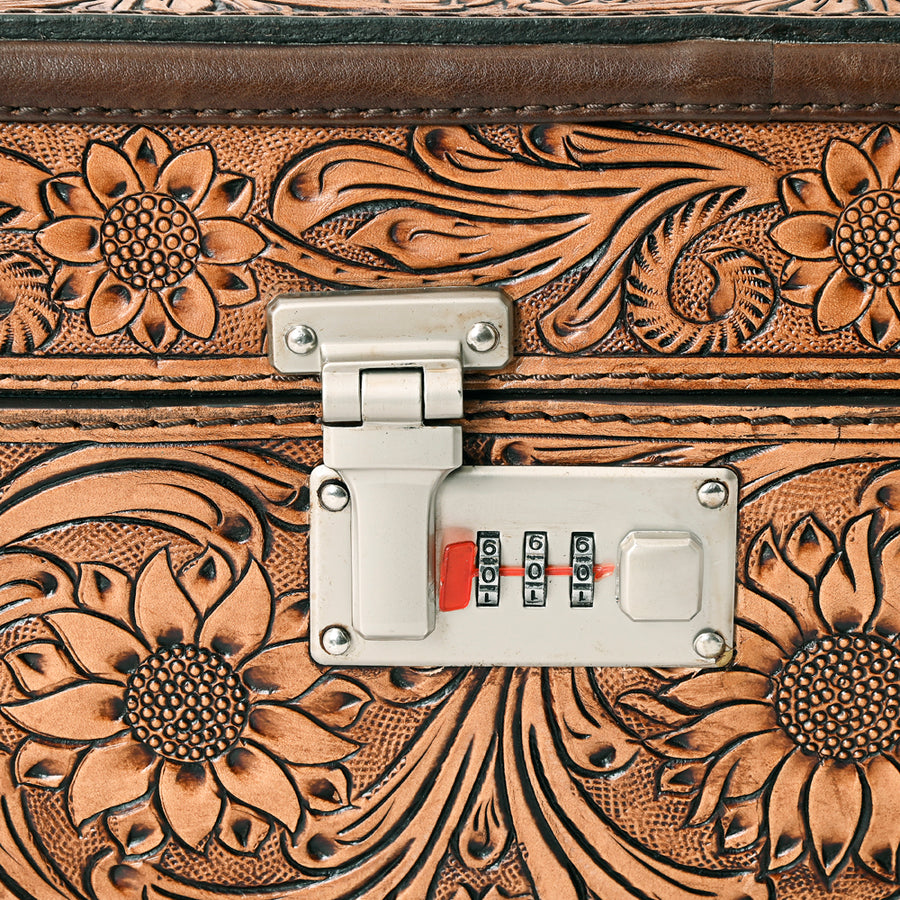 American Darling Jewelry Case for Women - Hand Tooled Floral Carved Genuine Leather Travel Organizer with Top Handle