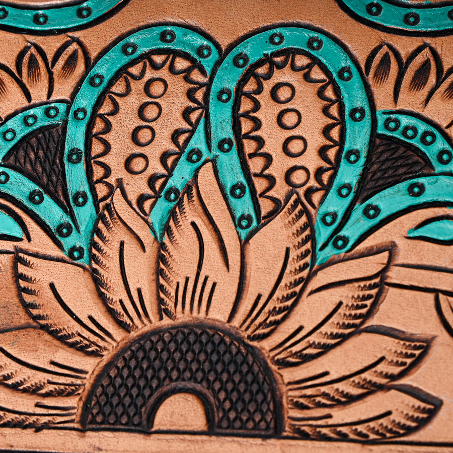 American Darling Jewelry Case for Women - Hand Tooled Floral Carved Genuine Leather Travel Organizer with Top Handle