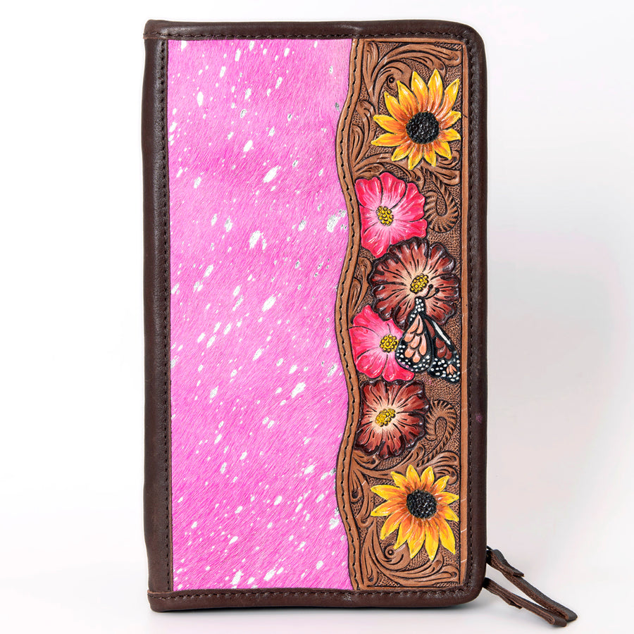 American Darling Jewelry Case for Women - Hair-On Cowhide, Hand Tooled Floral Carved Genuine Leather Travel Organizer