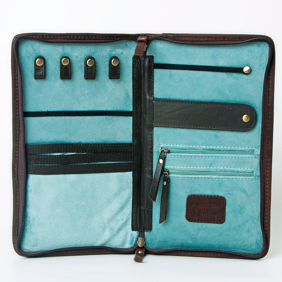 American Darling Jewelry Case for Women - Hair-On Cowhide, Hand Tooled Floral Carved Genuine Leather Travel Organizer