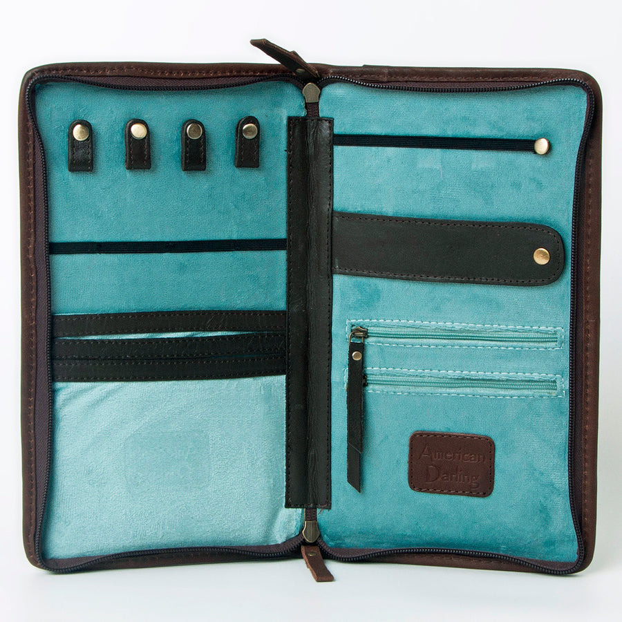 American Darling Jewelry Case for Women - Hair-On Cowhide, Hand Tooled Floral Carved Genuine Leather Travel Organizer