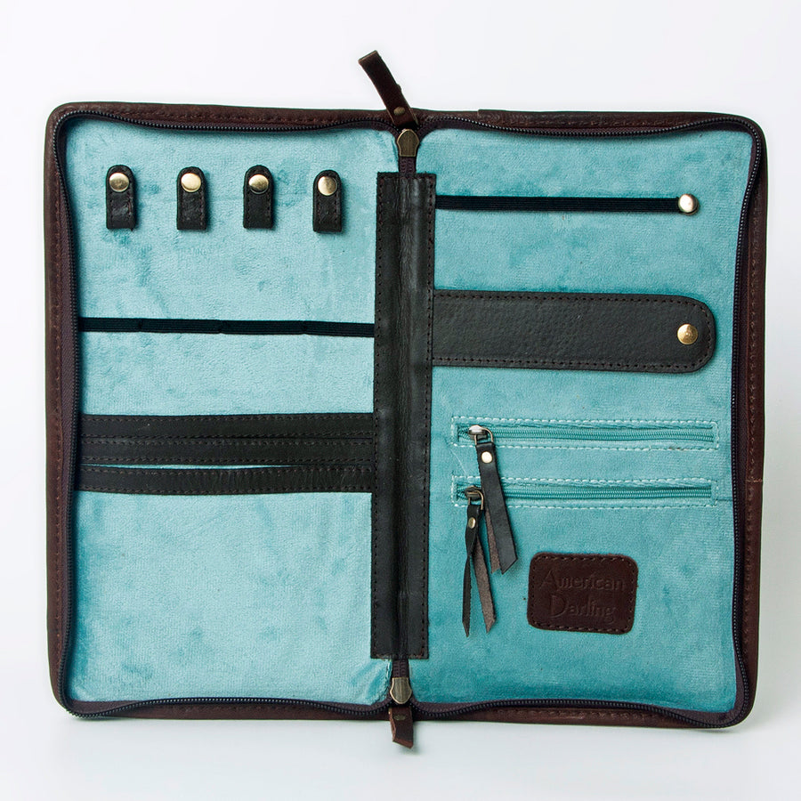 American Darling Jewelry Case for Women - Hair-On Cowhide, Hand Tooled Floral Carved Genuine Leather Travel Organizer