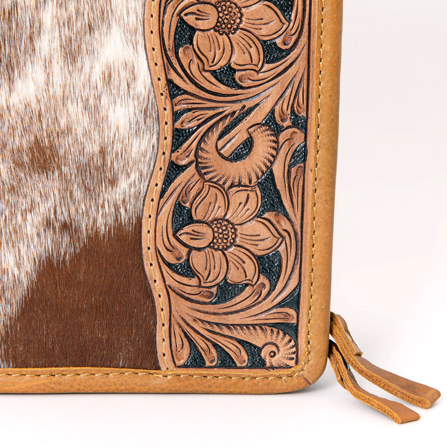 American Darling Jewelry Case for Women - Hair-On Cowhide, Hand Tooled Floral Carved Genuine Leather Travel Organizer