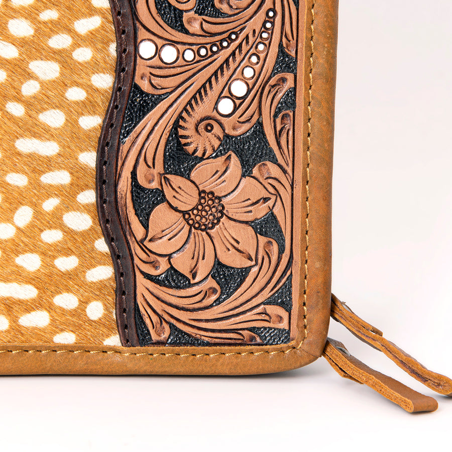American Darling Jewelry Case for Women - Hair-On Cowhide, Hand Tooled Floral Carved Genuine Leather Travel Organizer