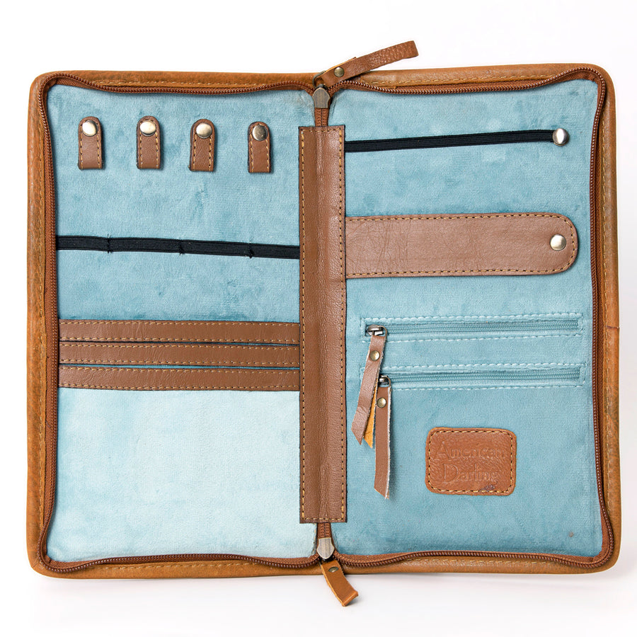 American Darling Jewelry Case for Women - Hair-On Cowhide, Hand Tooled Floral Carved Genuine Leather Travel Organizer