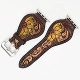 Brown leather tooled watch band with sunflower design - Uhorse