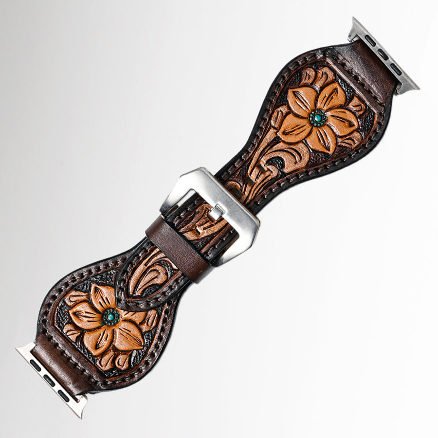 Brown leather tooled Apple Watch band with floral design - Uhorse