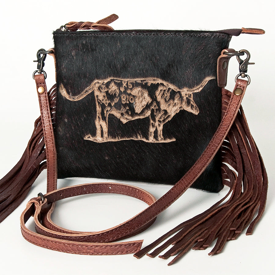 American Darling Hair-on Cowhide Western Leather Small Crossbody Bag with Fringe - Uhorse