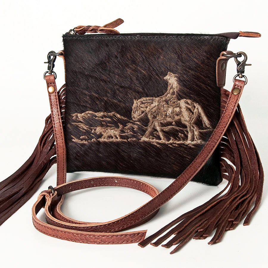 American Darling Hair-on Cowhide Western Leather Small Crossbody Bag with Fringe - Uhorse