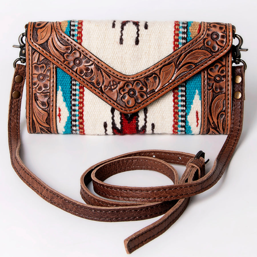 American Darling Envelope Western Hand Tooled Genuine Leather and Saddle Blanket Purse with Wristlet and YKK Zipper
