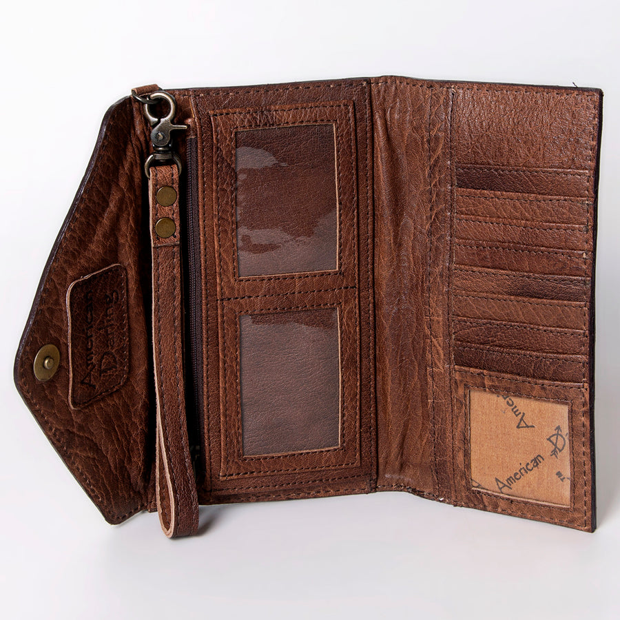 American Darling Envelope Western Hand Tooled Genuine Leather and Saddle Blanket Purse with Wristlet and YKK Zipper