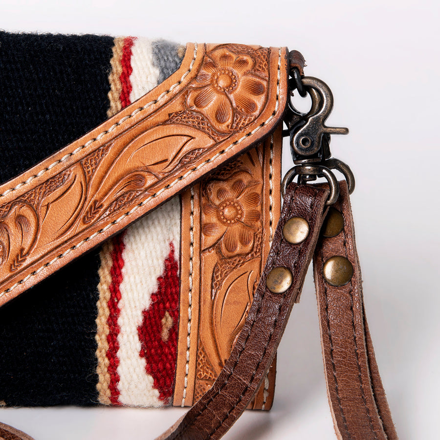 American Darling Envelope Western Hand Tooled Genuine Leather and Saddle Blanket Purse with Wristlet and YKK Zipper