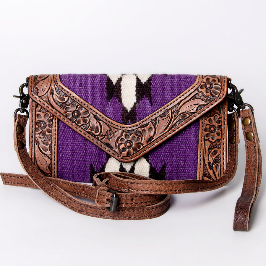 American Darling Envelope Western Hand Tooled Genuine Leather and Saddle Blanket Purse with Wristlet and YKK Zipper